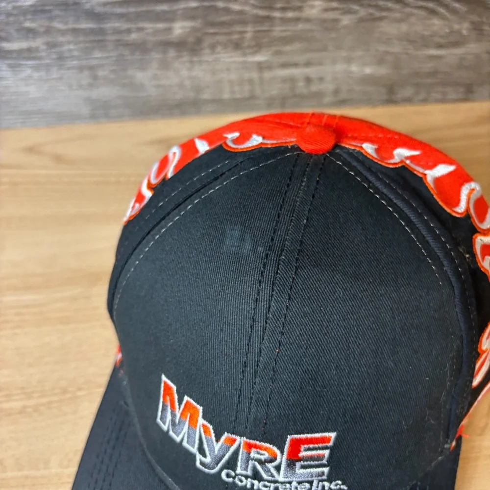 MYRE Concrete Inc Hat Cap Strap Back Black Orange Flames